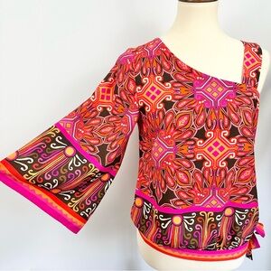 Chicos Vintage 70’s Style Vibrant Pink & Orange Groovy Women's Top, Bohemian B3